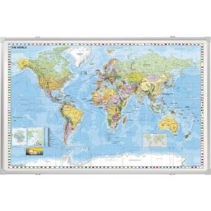 FRANKEN Weltkarte, magnethaftend (B)1.400 x (H)1.000 mm beschreibbar, Rahmen aus Aluminium - 12 mm, Kunststoffecken (KA600W)