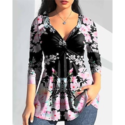 Women's Shirt Blouse Floral Pink Purple Green Print Flowing tunic Long Sleeve Casual Holiday Fashion V Neck Regular Fit Spring   Fall Lightinthebox