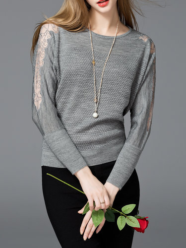 Basic Long Sleeve Solid Paneled Knitted Sweater