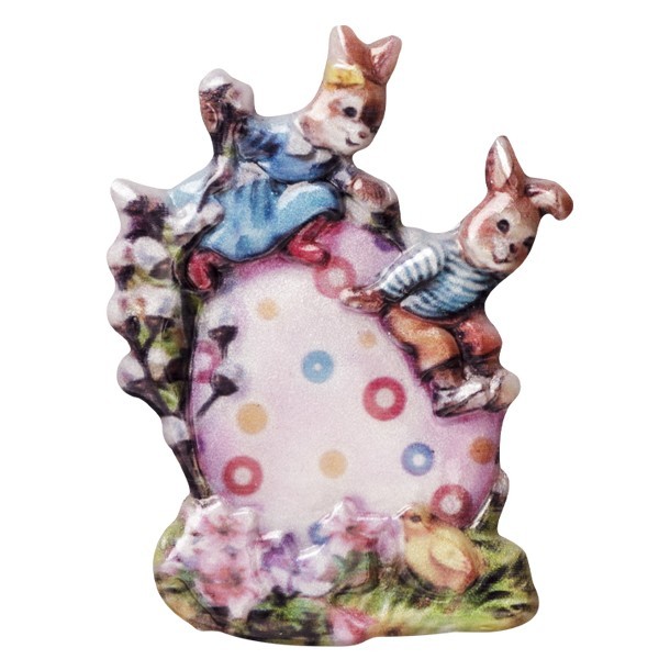 Wachsornament Osterhasenkinder auf Ei, farbig, geprägt, 6-7cm