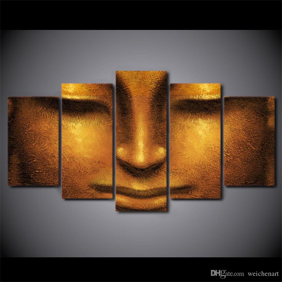5 Pcs/Set Framed HD Printed Creative Face Of Golden Buddha Picture Wall Art Canvas Decor Poster Canvas Abstract Oil Painting